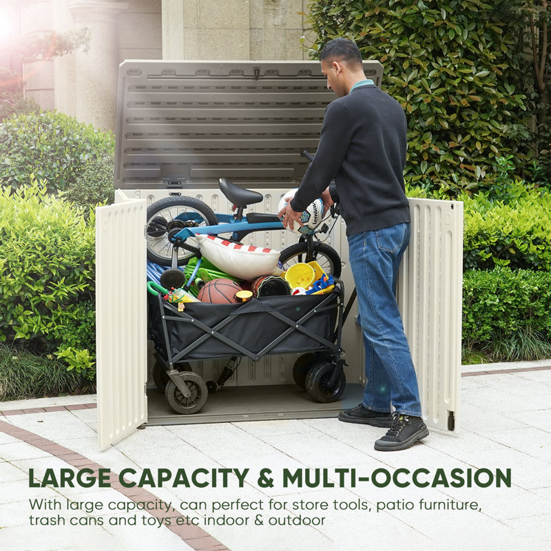 EHHLY Horizontal Resin Storage Shed 47 Cuft Garden Tool Sheds Outdoor Storage Outdoor Plastic Storage Cabinet Waterproof 4.5 x 2.8 ft Backyard